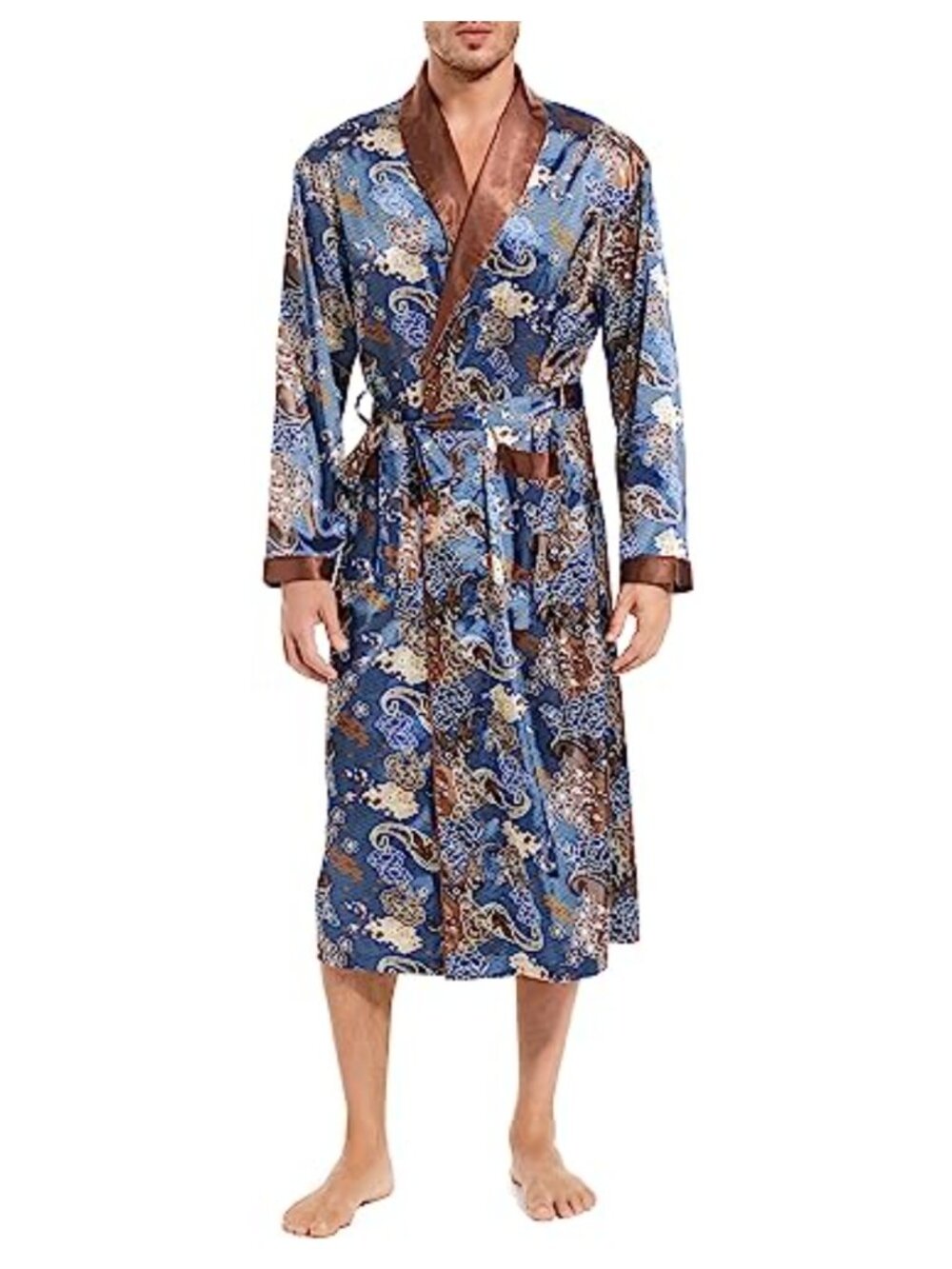 Mens Silky Satin Long Sleeve Lounge Robe Lightweight Sleepwear Bathrobe